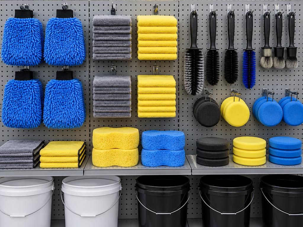 Illustration de mitaines, microfibres et brosses d'entretien automobile